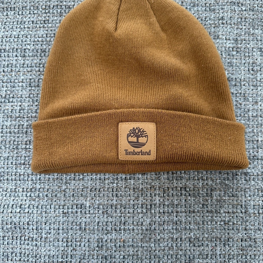 Timberland Brown Knit Hat with Logo Patch